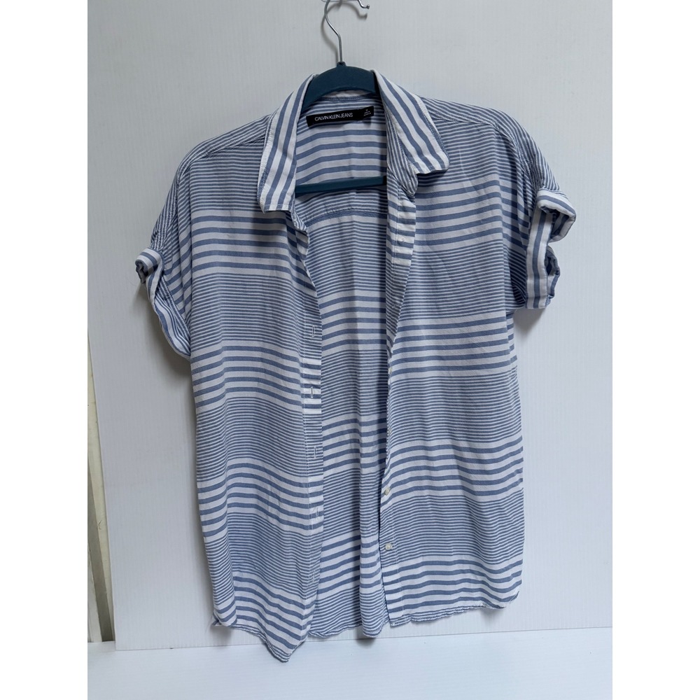 Calvin Klein Jeans Striped Short Sleeve Button Down Shirt Blue White Medium